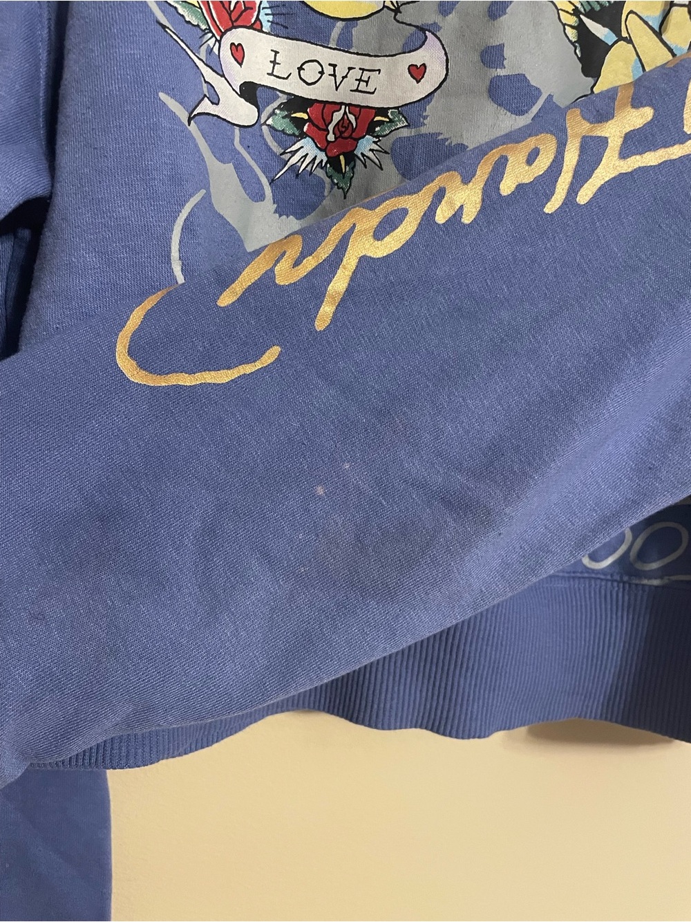 Ed Hardy Cropped Blue Hoodie gold Script Logo Size large - Picture 5 of 6